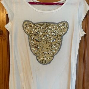 H&M White Tee with Gold Sequin Bear Design
